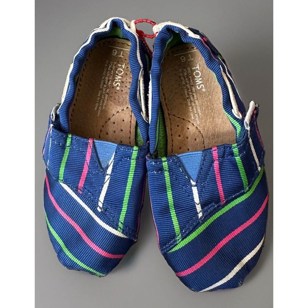 EUC Toms Shoes Blue Purple Stripe Size T6 Toddler Walkers Baby Infant Girls